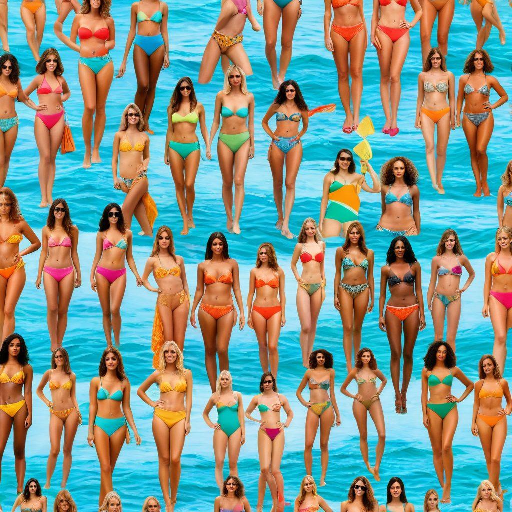 A vibrant collage depicting the evolution of bikini fashion through the decades, showcasing trendy cuts from the 1960s to modern sustainable materials. Include models of diverse backgrounds wearing an array of colorful bikinis on a sunny beach, with elements like eco-friendly fabric swatches and design sketches scattered around. Emphasize a blend of retro and contemporary styles. vibrant colors. super-realistic.
